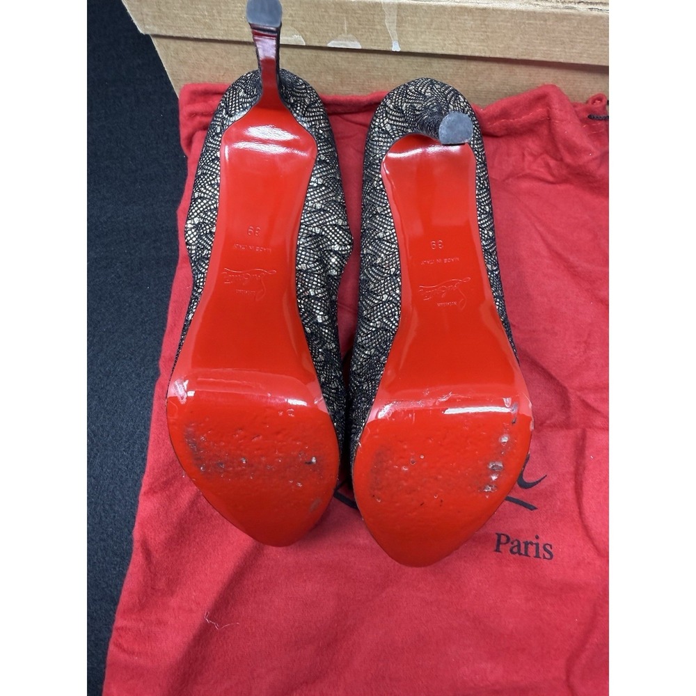 Christian Louboutin Black Lace Glitter Peep Toe Heels Red Bottom Pumps EU 39 - Picture 5 of 10
